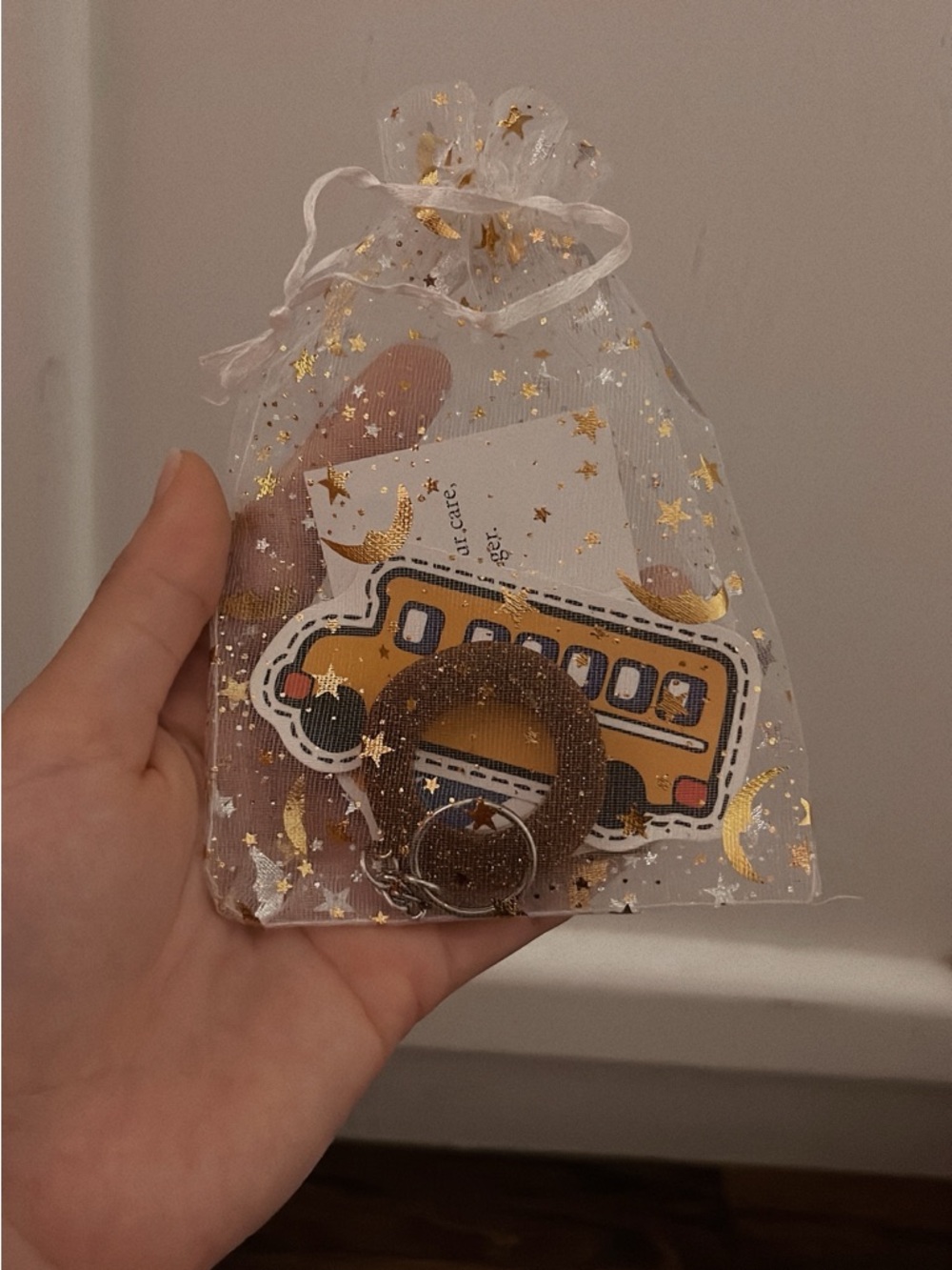 Kids Yellow School Bus Keychain with Gold Star Pouch